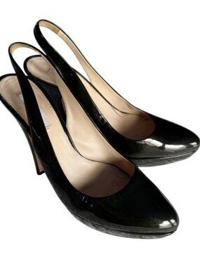 Prada Womens Sz 38.5 Olive Green Patent Leather Platform Slingback  Heels Sz 8